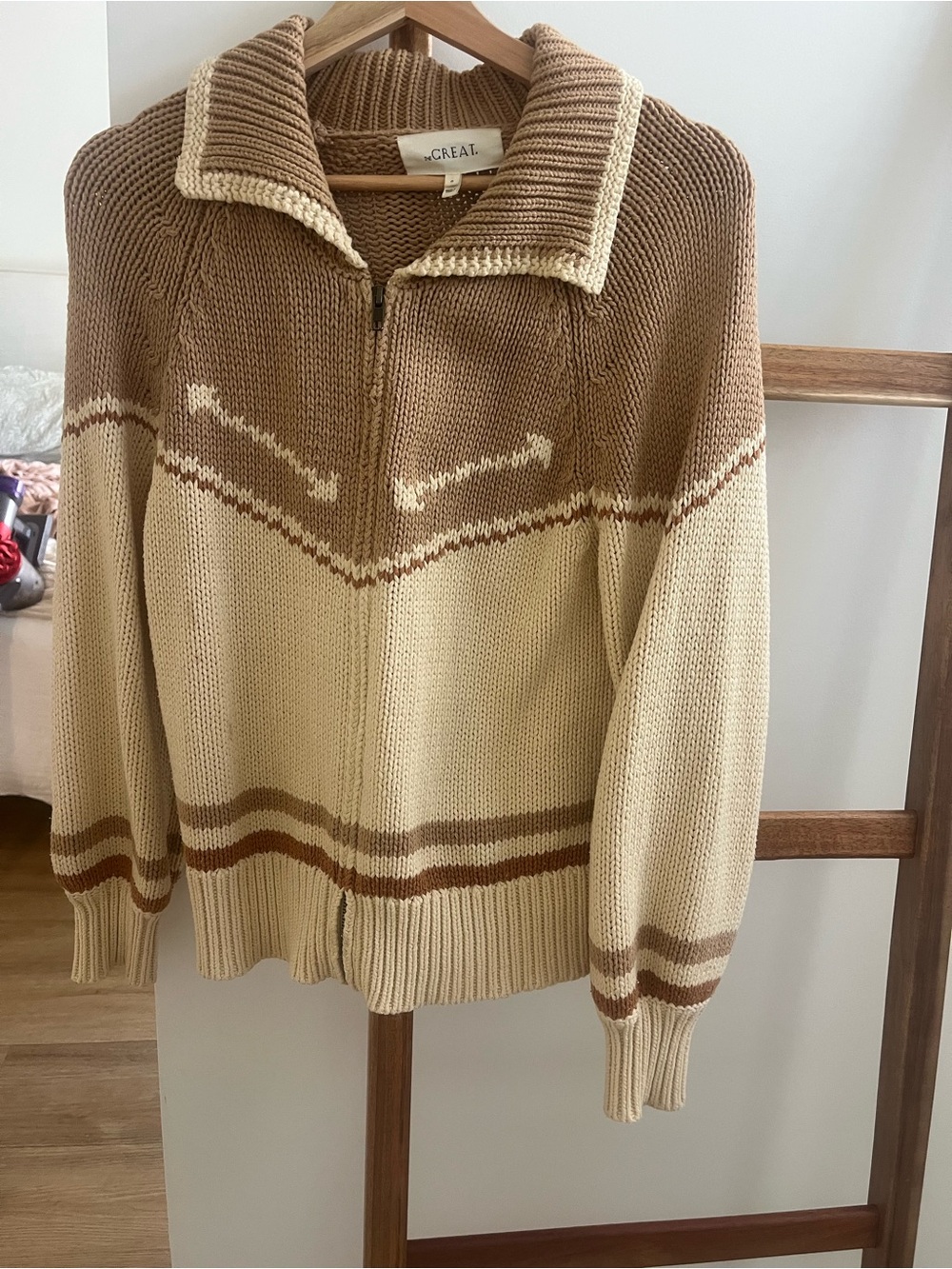 THE GREAT. Two-Tone Zip Cardigan in Cream and Brown